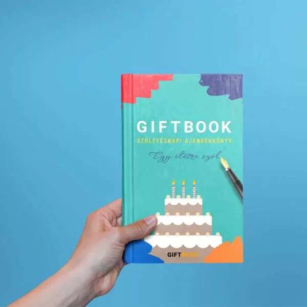 A Giftbook ajándékkönyv, kézben tartva.